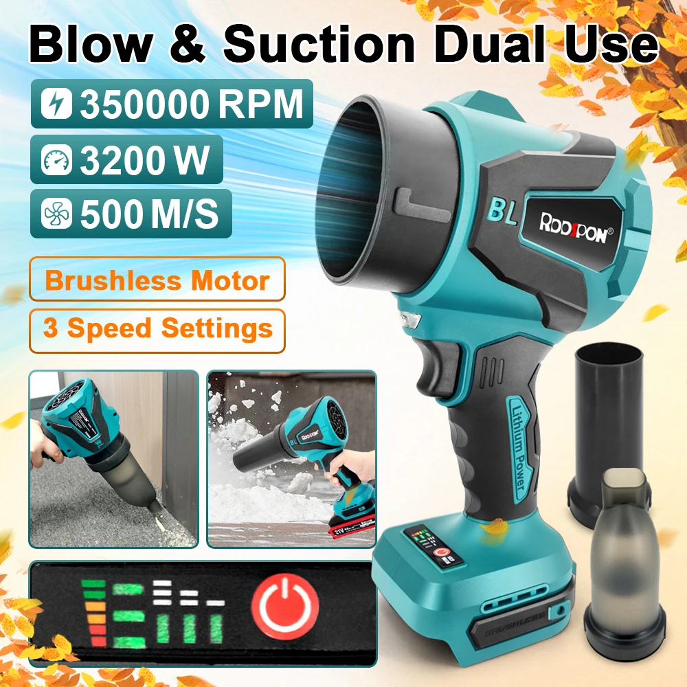 

350000RPM 3200W Cordless Electric Blower High-power Violent Turbo Jet Fan 3 Gears Handheld Air Blower for 21V Makita Battery