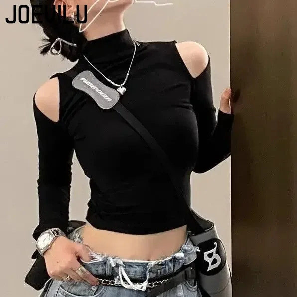 Top corto aderente da donna con collo semi-tartaruga e spalle scoperte, maniche lunghe, moda autunnale, magliette Y2K sexy, vestiti estetici