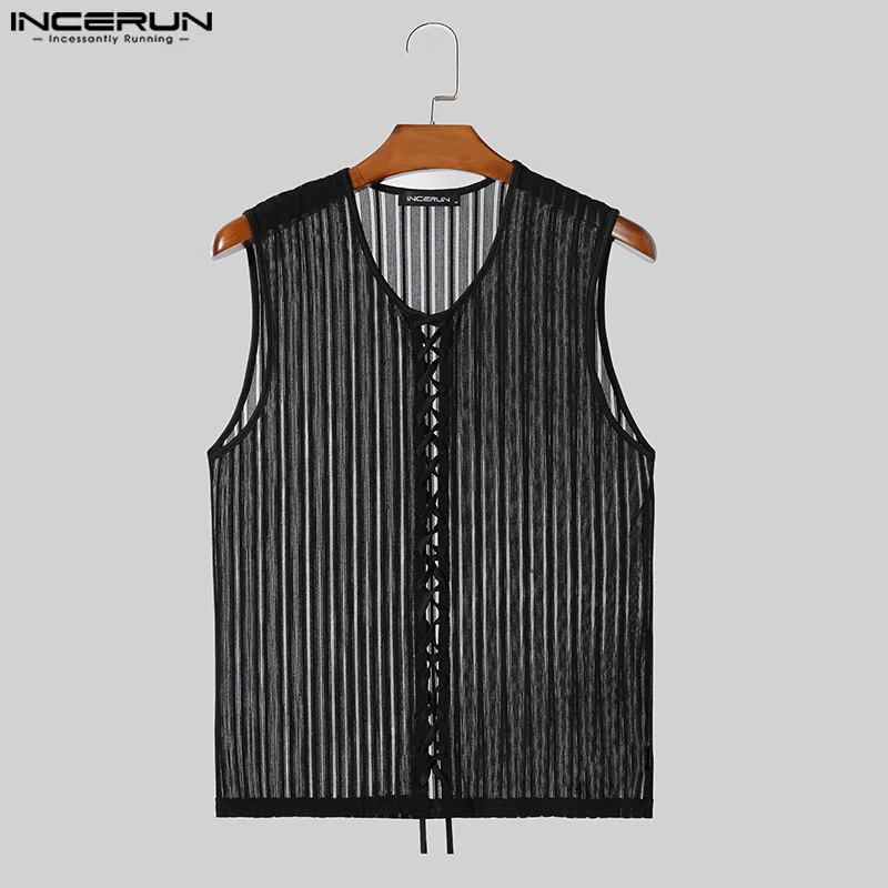 Men Tank Tops Transparent Lace Up Mesh O-neck Sleeveless Summer Male Vests Streetwear 2024 Skinny Fashion Men Clothing INCERUN