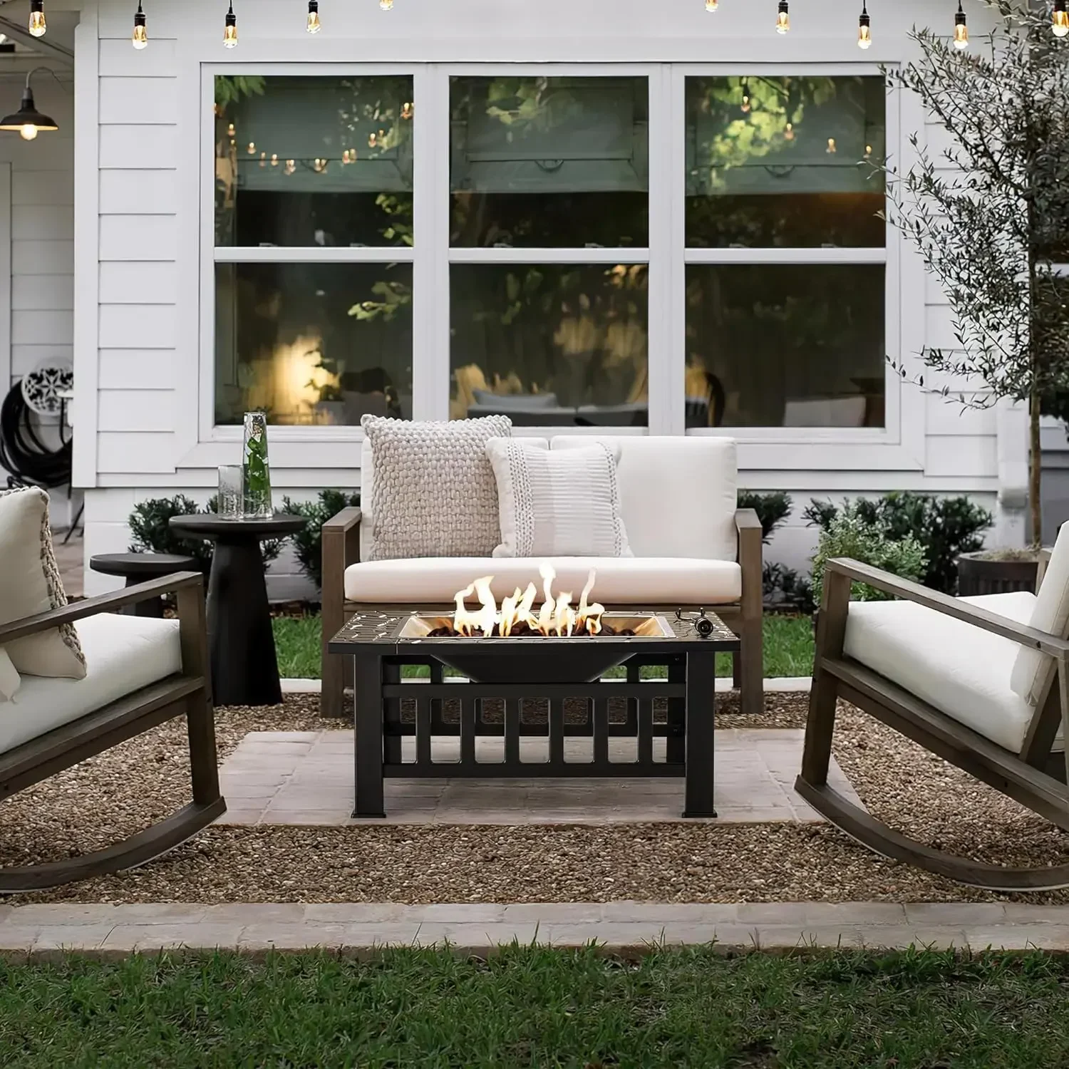 

L32 Inch Metal Outdoor Fire Pit Table Multiuse Square Patio BBQ Firepit With Spark Screen Lid And Waterproof Cover For Camping