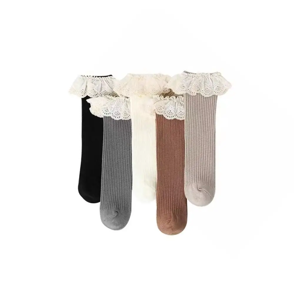 

5Pairs Warm Ruffled Edge Baby Calf Socks Baby Long Tube Lace Trim Infant Cotton Stockings Stripe Cotton Cartoon Above Knee Socks