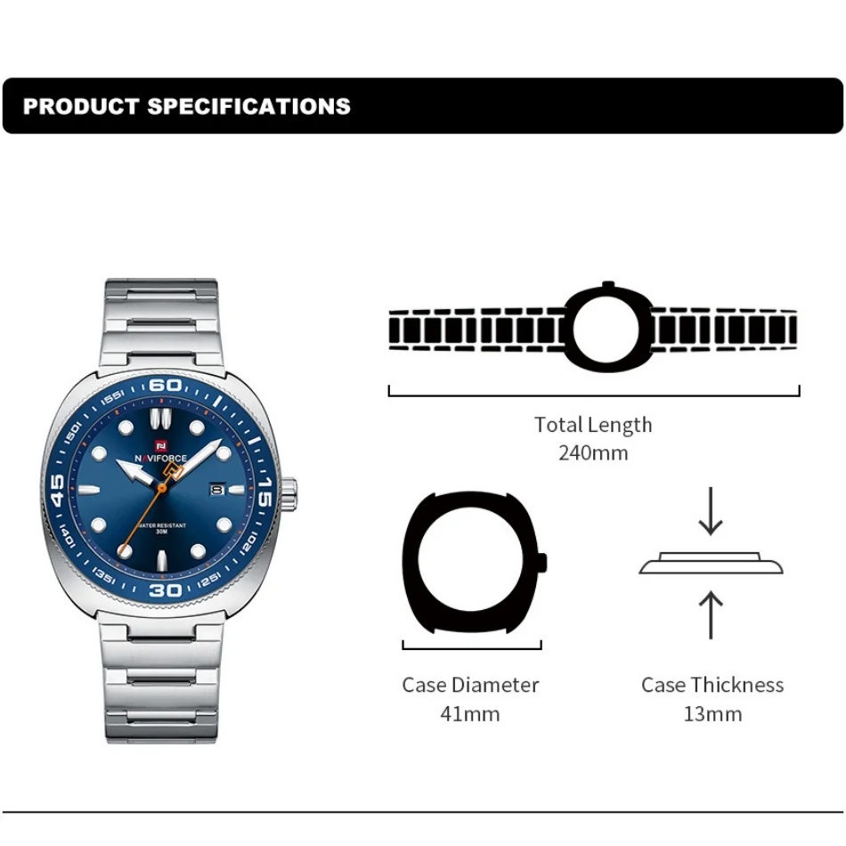 Marca NAVIFORCE, relojes deportivos a la moda para hombre, correa de acero inoxidable de lujo, reloj de pulsera de cuarzo resistente al agua hasta 30M con indicador de fecha para hombre, nuevo