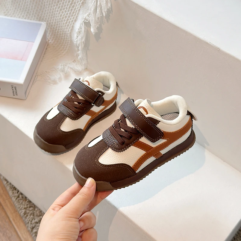 

Children Sports Shoes Breathable Comfortable Non Slip Color Block Sewing Thread Hook Loop Round Toe Soft Soled Thick Flat Shoes
