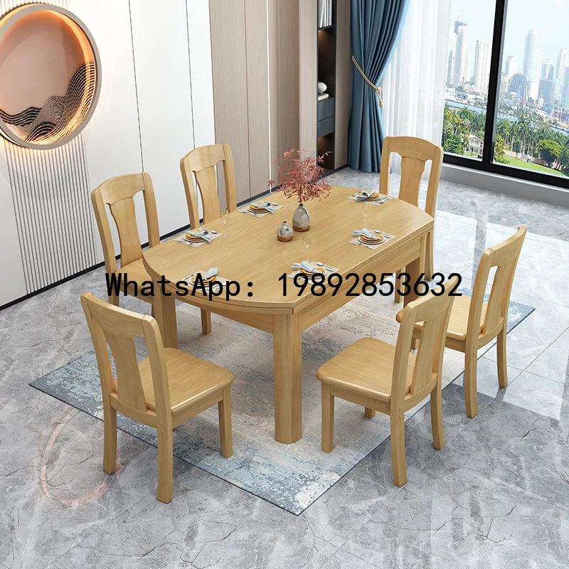 XL Extendable Round Table Solid Wood Dining Table and Chairs New Chinese Style Modern Simple Dining Table and Chairs