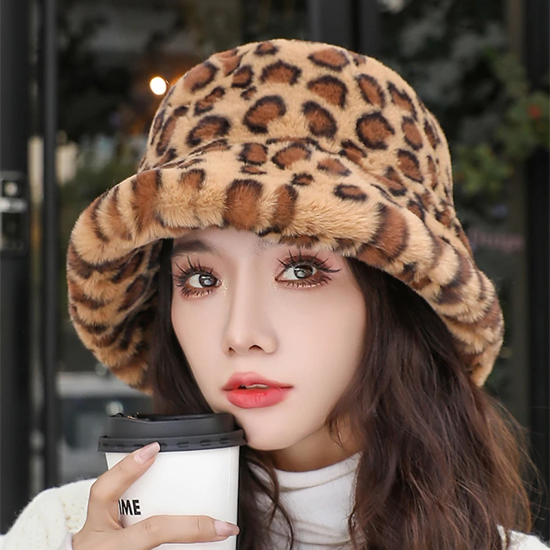 

Y2k Fluffy Faux Fur Bucket Hat Women Rabbit Fur Warm Thick Plush Winter Leopard Hat Lady Luxury Fashion Party Fisherman Cap