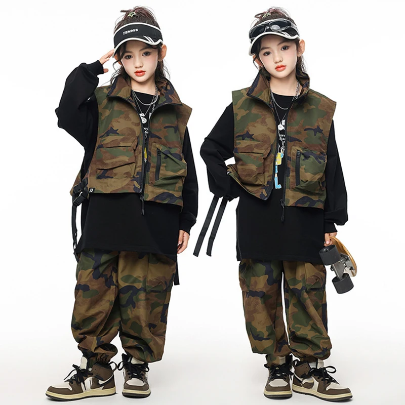 

Cool Kids Street Dance Costume Girls Kpop Hip Hop Fashion Clothes Jazz Dance Stage Costume Camouflage Waistcoat Cargo Pants 1964