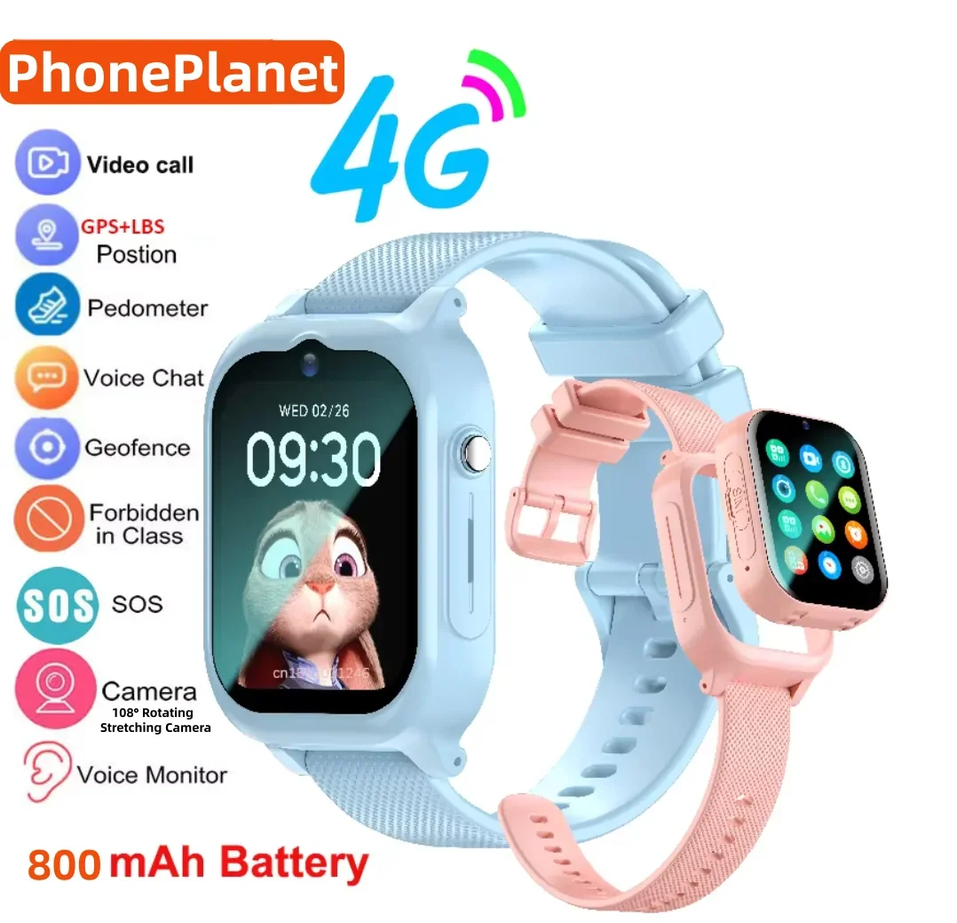 

Умные часы для детей с 4G GPS, видеозвонками, SOS, мониторингом местоположения, телефоном и трекером, модель 108 ° Поворотная HD-камера