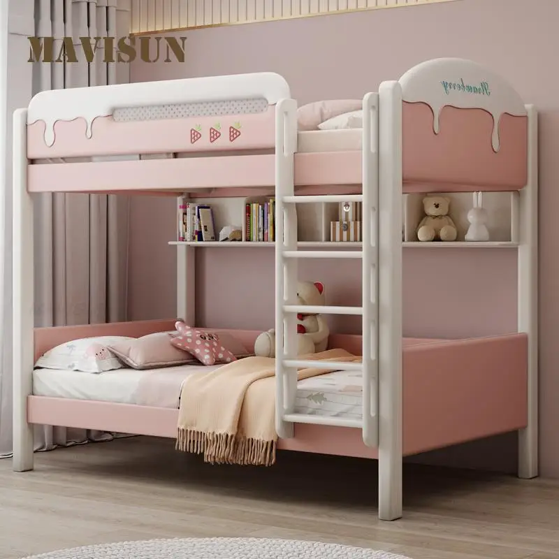 Double Bunk Bed Solid Wood Top And Bottom With The Same Width And Parallel Pink Height Bed Nordic Luxury Children's Bed For Girl