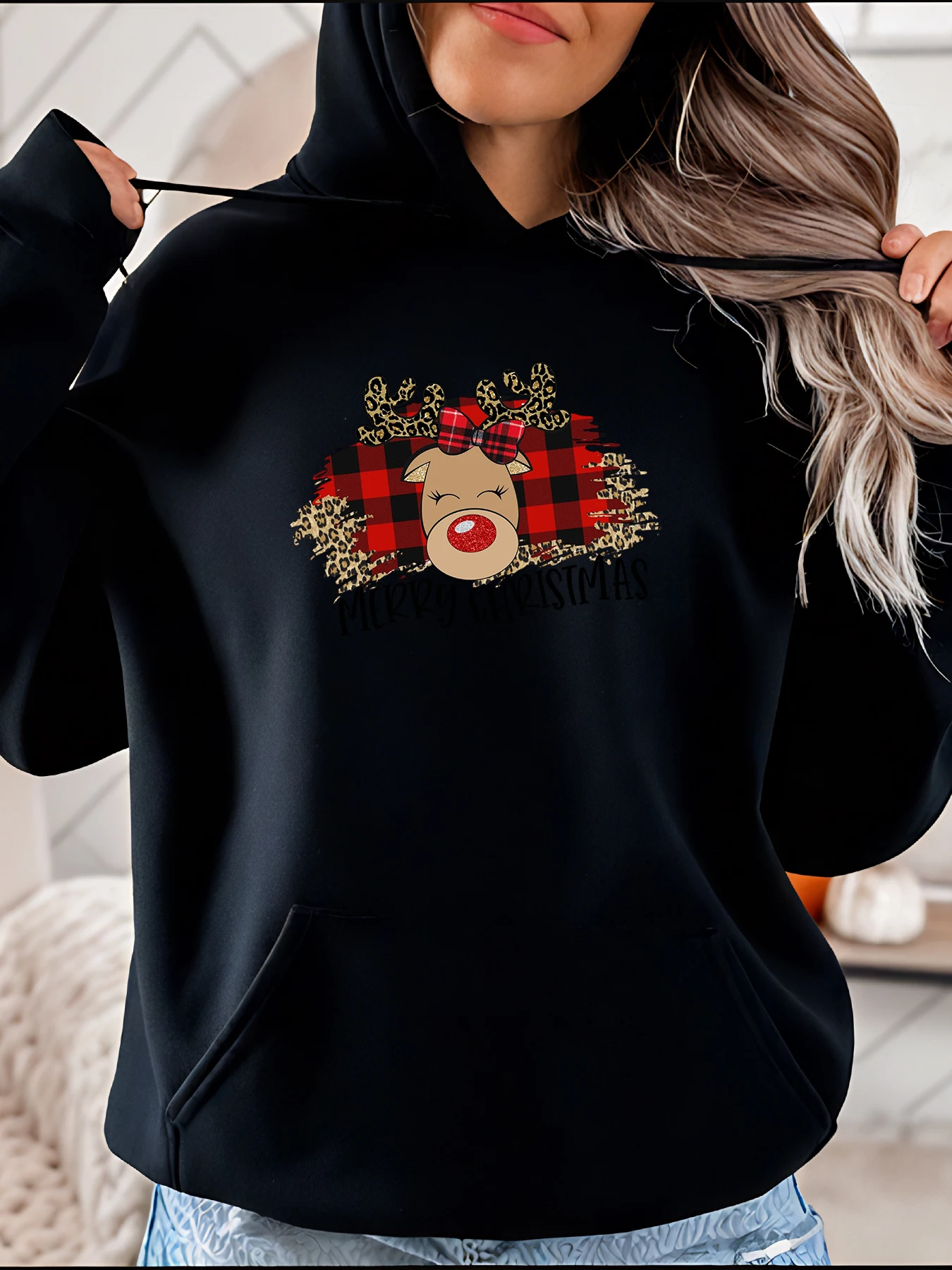 Weihnachts-Kapuzenpullover mit Rentier-Karomuster, lässiges Damen-Sweatshirt, Urlaubskleidung 280