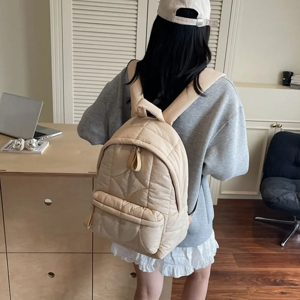 Solid Color Padded Coat Backpack Nylon Pleated Space Cotton Shoulder Bag Large Capacity Cloud Student Schoolbag Lady/Girls