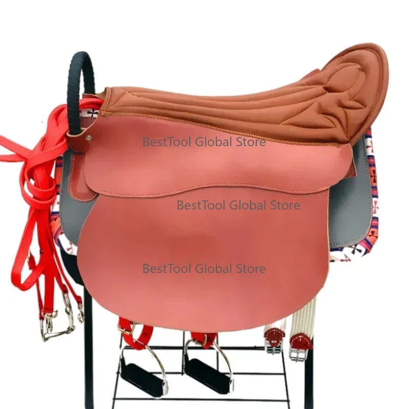 

Hor-shi Sto-ck Horse Saddle Set Cowhide Leather Western Saddles Kit for Two Seater Twin Seat Saddle Lover Seat Parent Child Seat