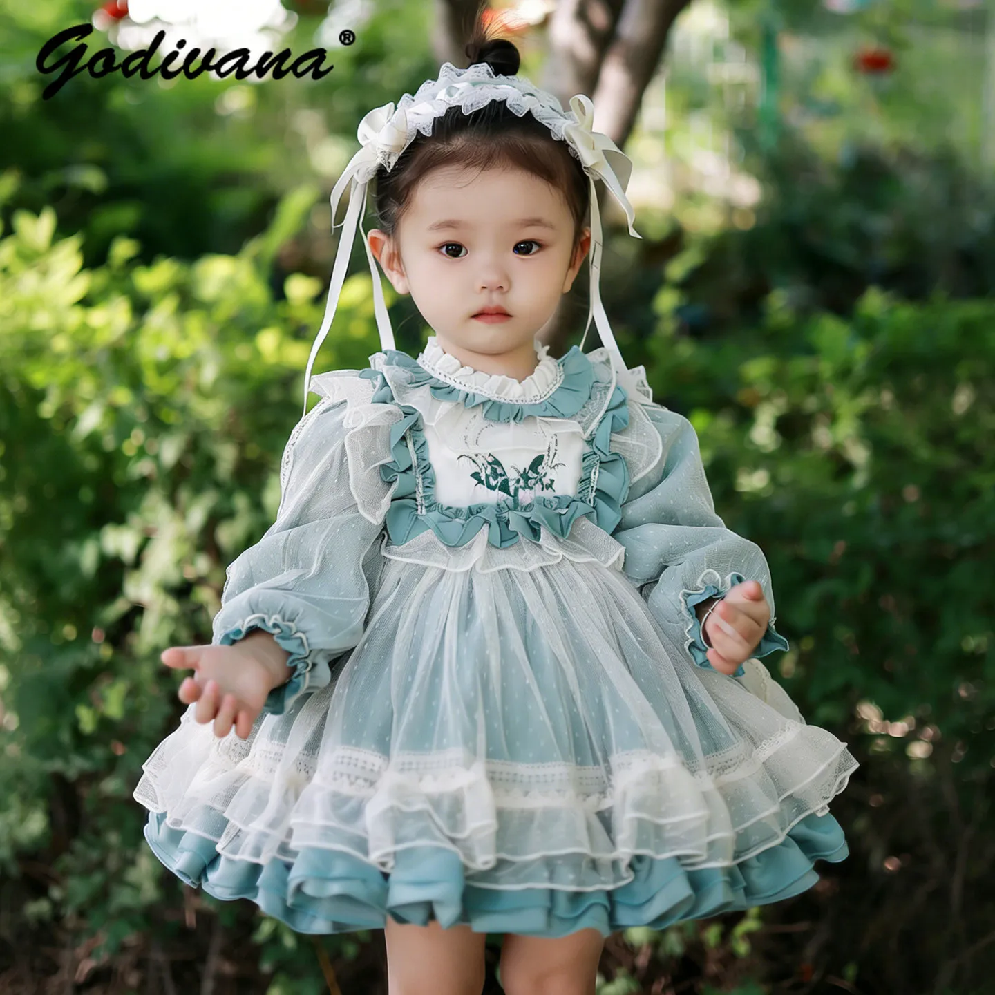 Original Vintage Baby Girls Birthday Party Princess Lolita Dress Kids High End Embroidery Lace Trim Mesh Long Sleeve Ball Gown