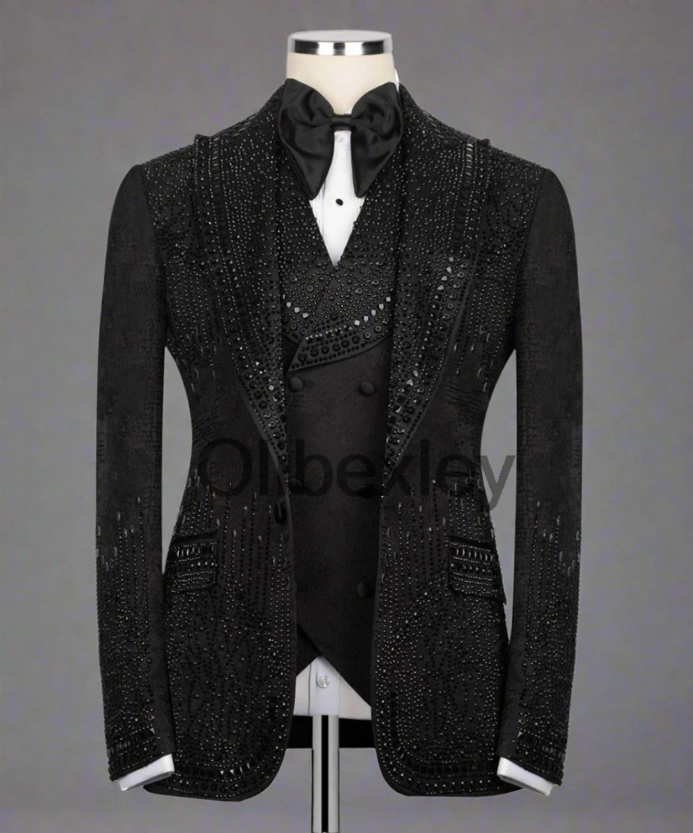 Olibexley Black Rhinestones Crystals Beaded Men Suits 3 Piece Sets Groom Male Blazers Wedding Tuxedos Slim Fit Customized S63