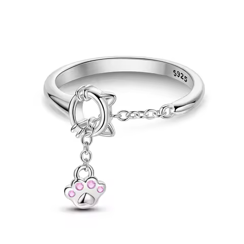 Cat Paw Chain Open Rings Original 925 Sterling Silver Ring For Women Girls Jewelry Birthday Anniversary Gifts