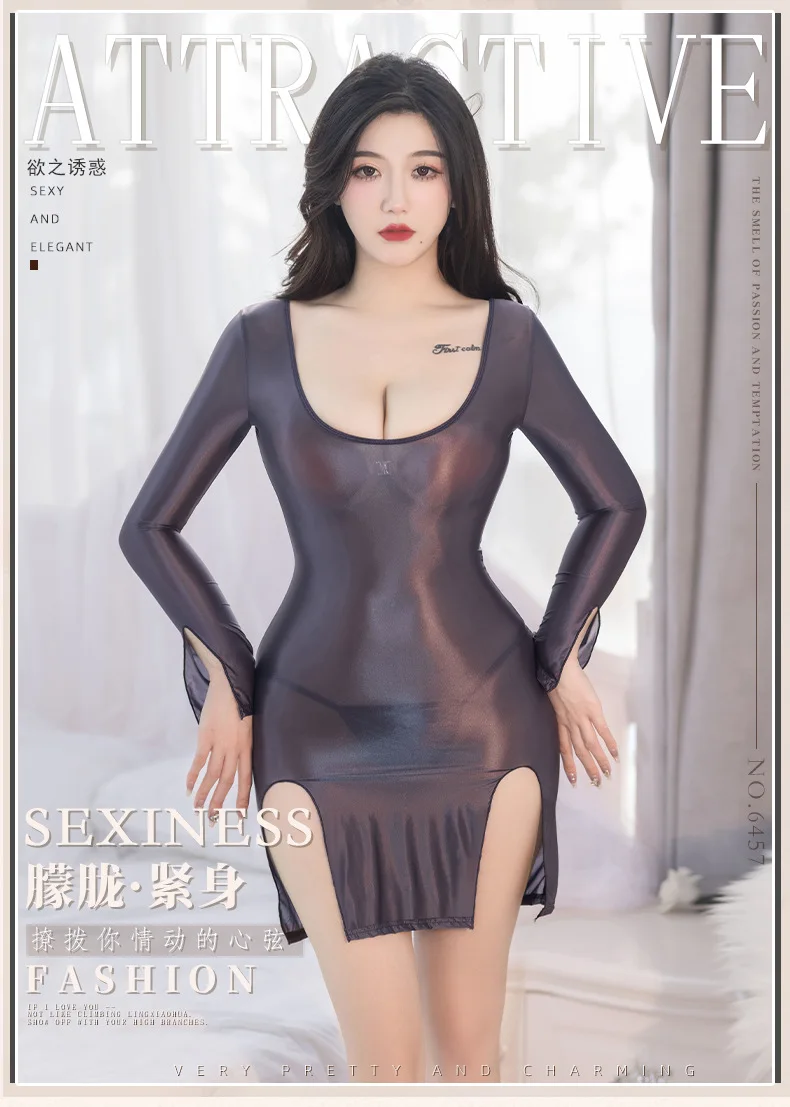 

Split Temptation Sexy Mature Charm Elegant Gentle Transparent Hollow Out Solid Oil Shiny Slim Dress Underwear Girl Dress 81MY