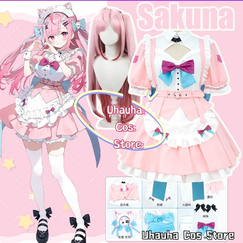 Virtual YouTuber Yuuki Sakuna Cosplay Costume Lolita Servant Kawaii Apron Dress Wig Japanese Anime Show Role-playing Suit2025