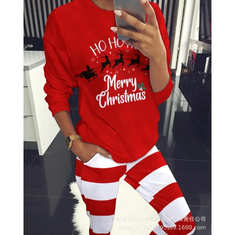 Christmas Costume Letters Printed Long Sleeve Shirt Stripe Long Pants Sleepwear Pajamas Women Home Pajamas Suit Two Piece Set