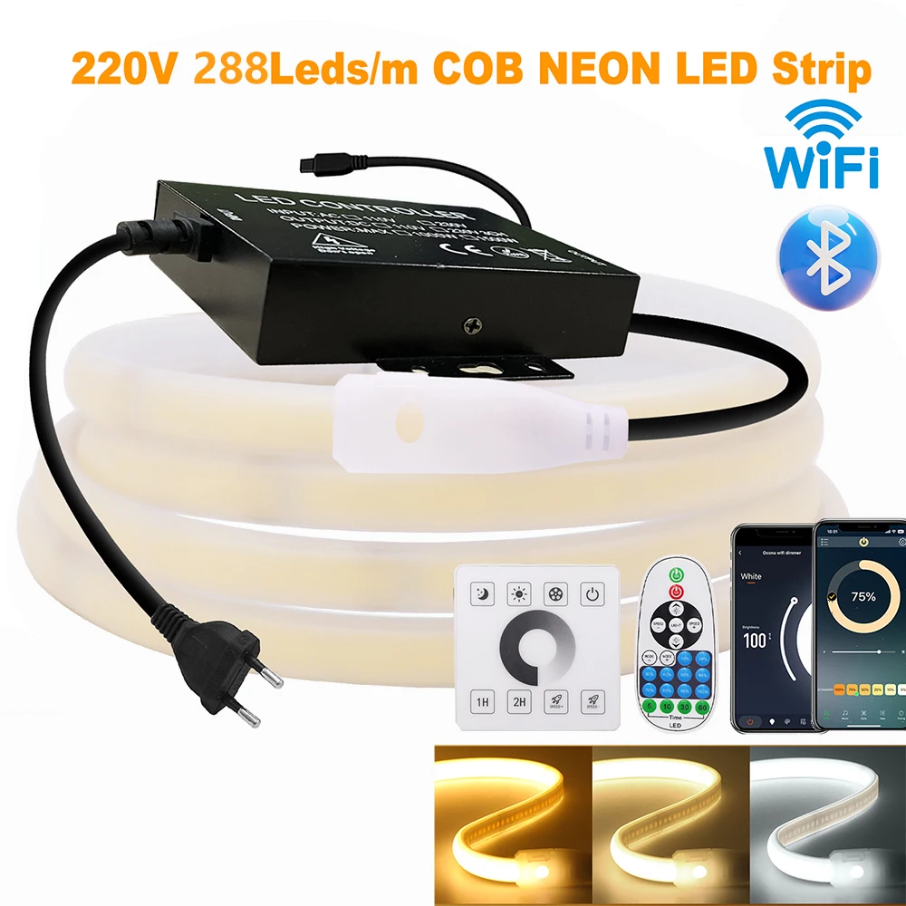 

Светодиодная неоновая лента COB WIFI 220В с Bluetooth, настенный сенсорный пульт на 23 кнопки, контроллер 1500Вт, 288 светодиодов, водонепроницаемая, комплект с блоком питания EU, гибкая лампа