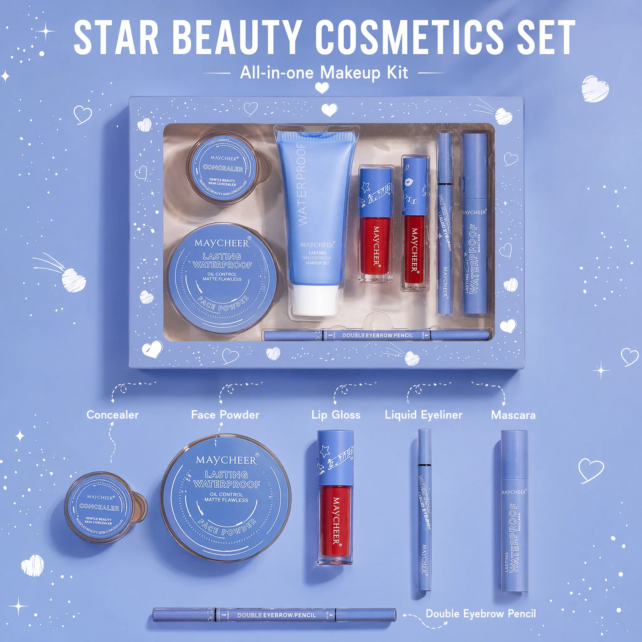 All-in-One Makeup Kit, Cosmetic Gift Set Contains Lipstick Lip Gloss Eyeliner Eyebrow Pencil Foundation Pressed Powder