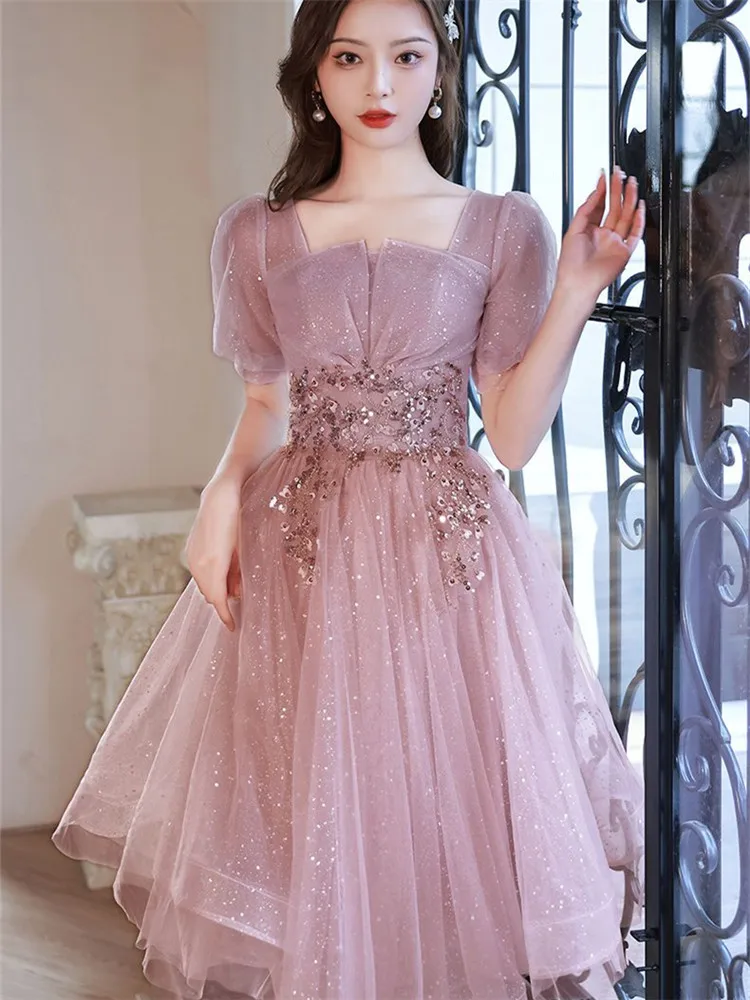 Dress Women Pink Elegant Sequin Square Neck Solid Color Short Sleeve Mid-length A-line Skirt Spring Summer Female Clothing M192