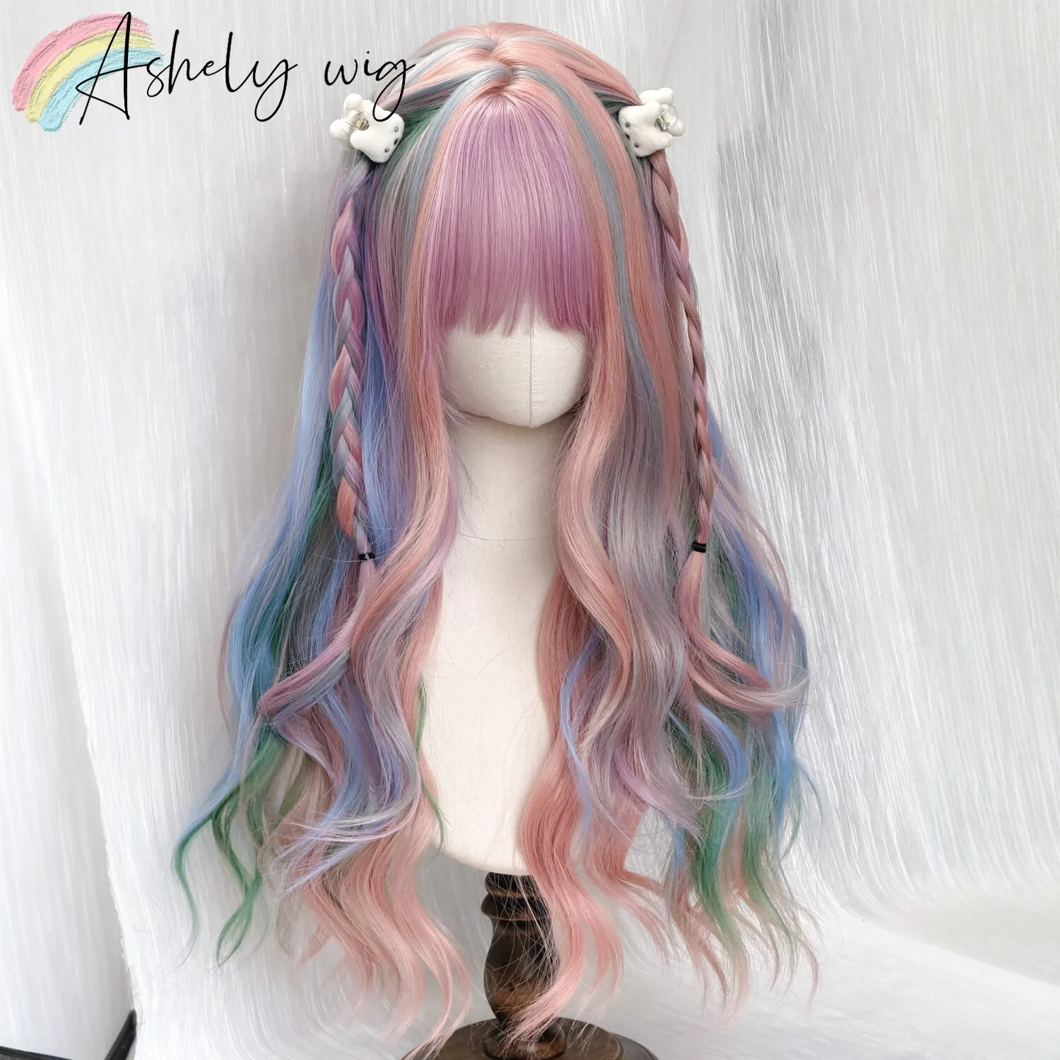Image of Lange Pastell-Regenbogen Gestreifte Wellige Perücke 26 Zoll Bunte Rosa Blau Mint Gemischte Farben Lockige Perücke mit Vollem Pony für Cosplay Tägliches Tragen