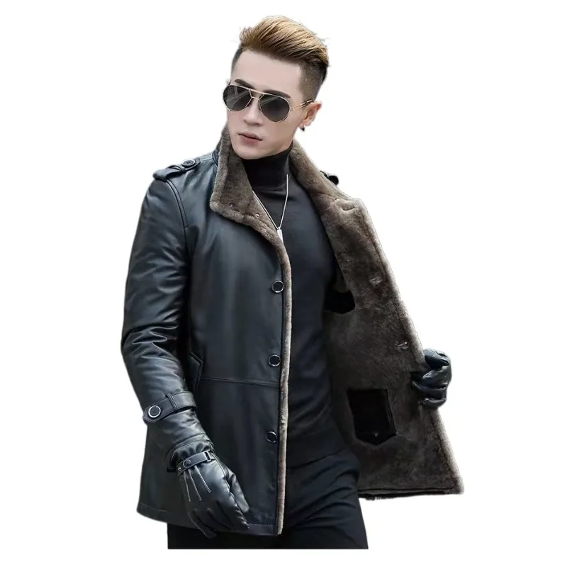 

Leather Leather Jacket Men's New Slim-fit Medium and Long Fur Integrated Velvet Mink Hair Winter Jacket High Appearance Level