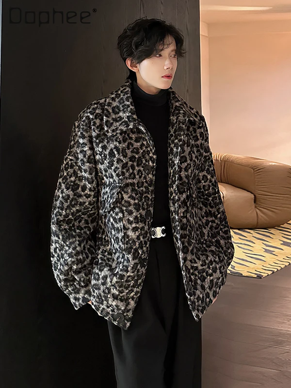 

2025 Winter New Hot Sale Men's Gray Black Turn-down Collar Loose Casual Leopard Print Thickened Fleece Jacket