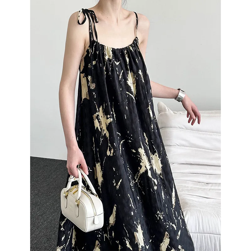 

Праздничное плиссированное платье макси на бретельках с принтом, женское, в корейском винтажном стиле, простое французское платье макси на бретельках