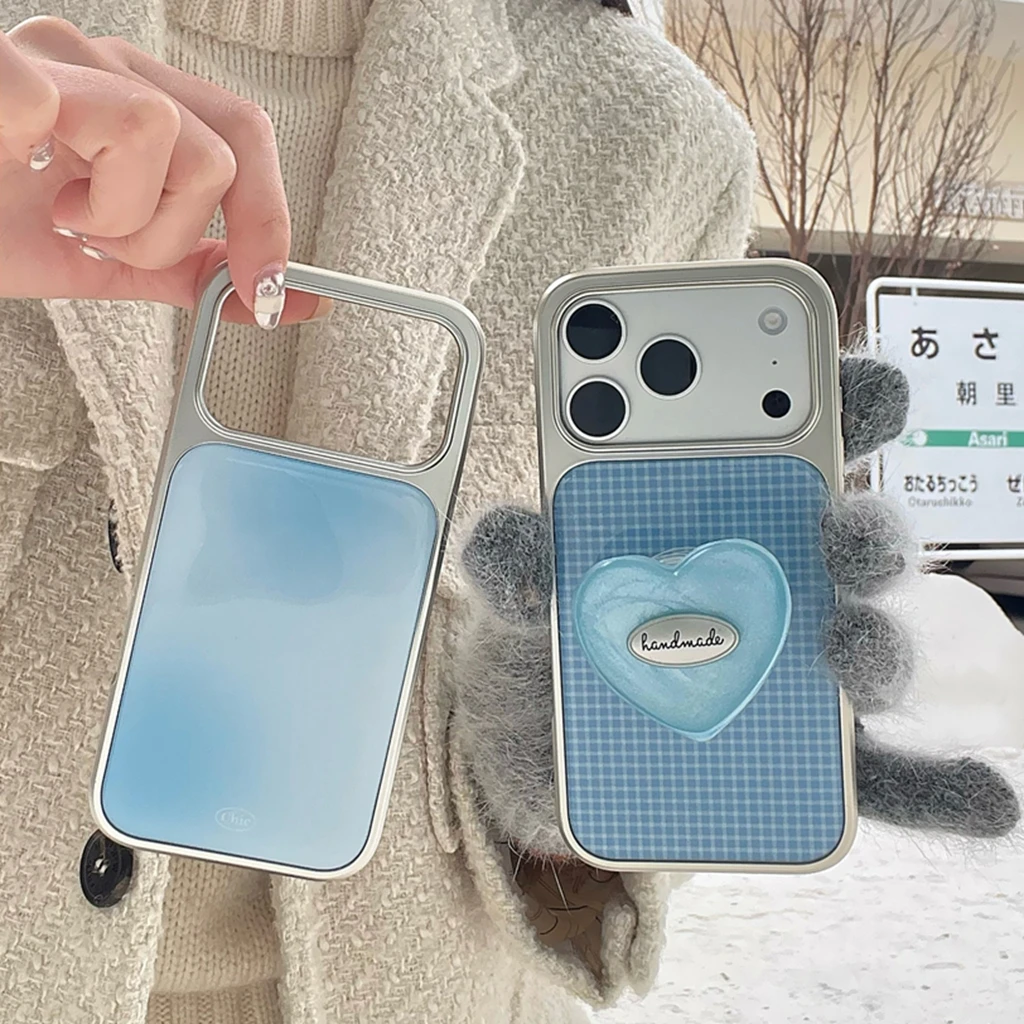 Patrón de rejilla azul fresco gradiente borde plateado gota pegamento corazón de amor con soporte funda de teléfono para iPhone 17 16 15 14 Pro Max