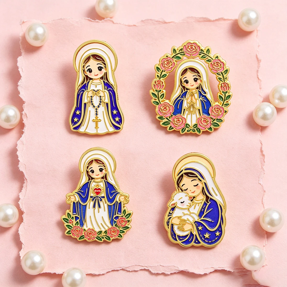 4-teiliges Kawaii religiöses Jungfrau-Maria-Broschen-Set, florale Emaille-Anstecknadel für Rucksack- und Kleidungsdekoration, Geschenk mit Glaubensthema – Detail 5