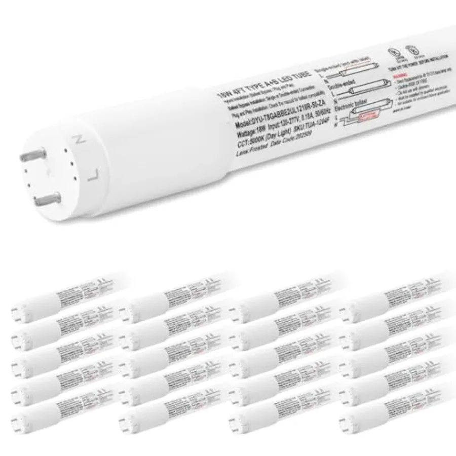 

20 Pack 4FT LED T8 Hybrid Type A+B Light Tube 18W Plug and Play or Ballast Bypass Single-Ended OR Double-Ended 5000K 2400lm Fro