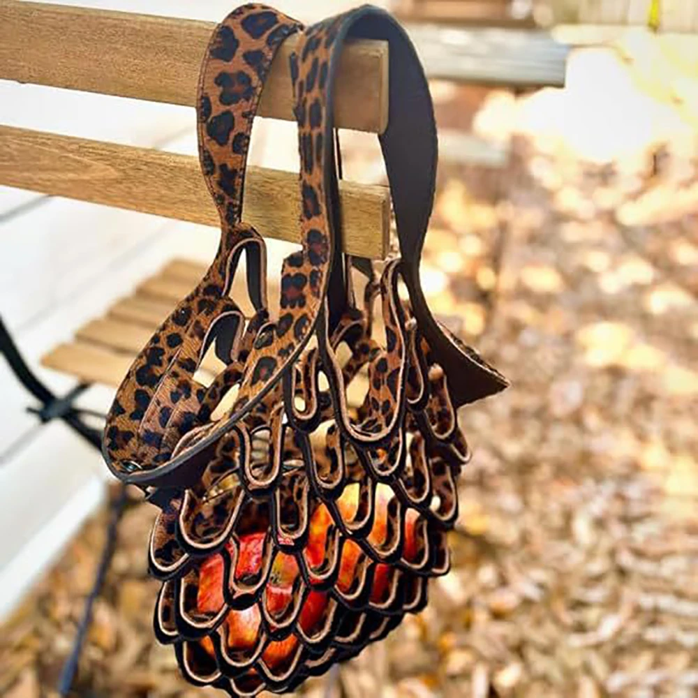 

Vintage Leather Folding Fruit Mesh Handbag Outdoor Portable Hollow Bag Flat Packable for Women Shoulder Tote Bags Accessories