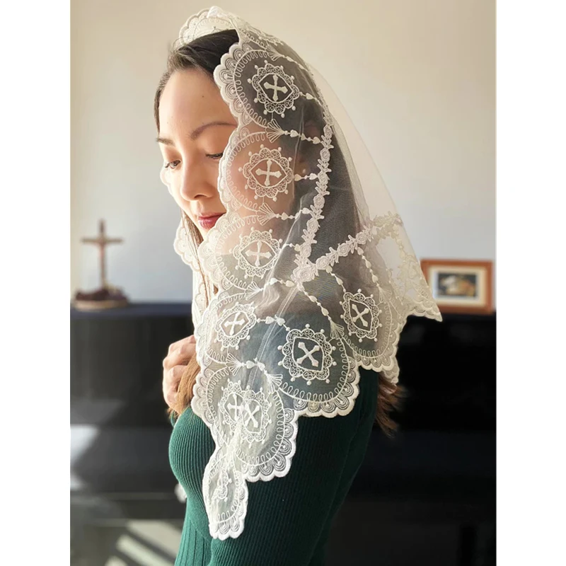 Triangular 3D Floral Mantilla Church Veils Catholic Head Covering Chapel Latin Mass Prayer Vintage Cross Edge Tulle Ivory