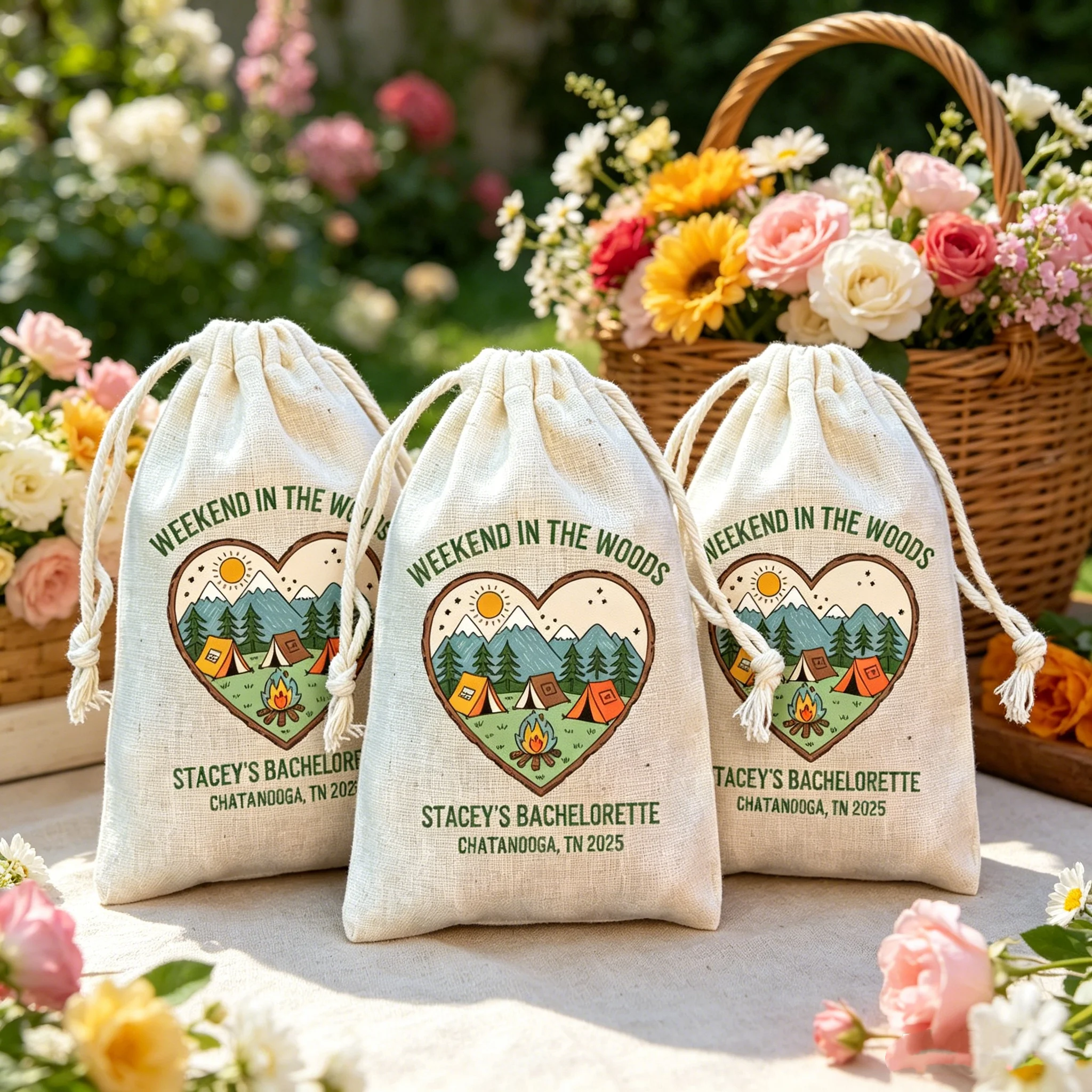 20pcs Custom Weekend In The Woods Heart Mountain Camping Drawstring Hangover Kit Bag Linen Cotton Favor Pouch Outdoor Cabin Bach