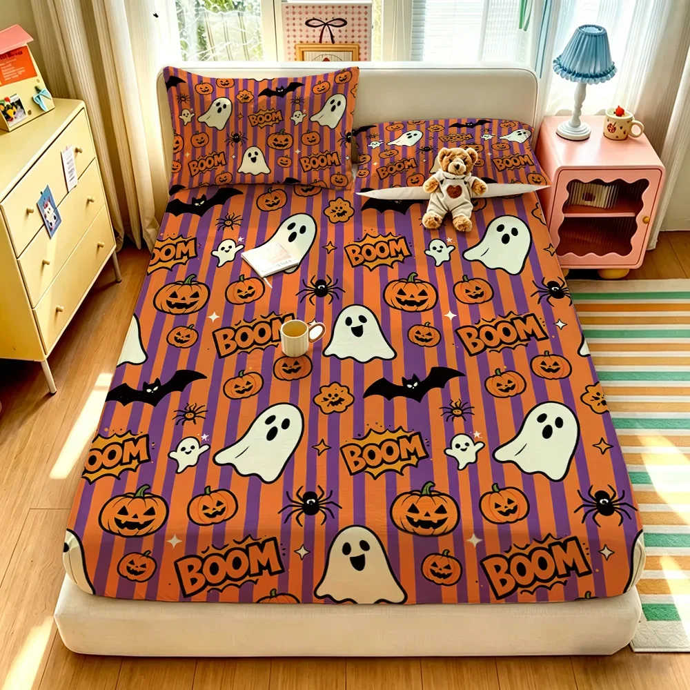 Halloween Stripe Ghost Pumpkin Fitted Sheet 3PCS Set BOOM Print Spooky Bedding Set 1 Fitted Sheet + 2 Pillowcases