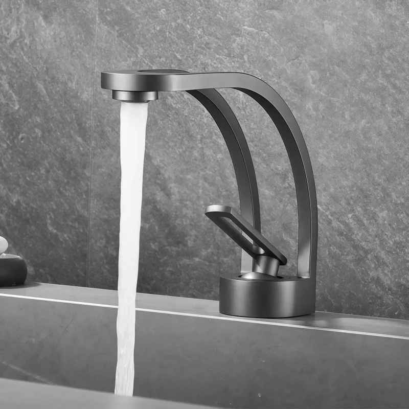 Artistic Gun Gray All-Copper Household Bathroom Hot and Cold Water Wash Basin Hollow Basin Faucet