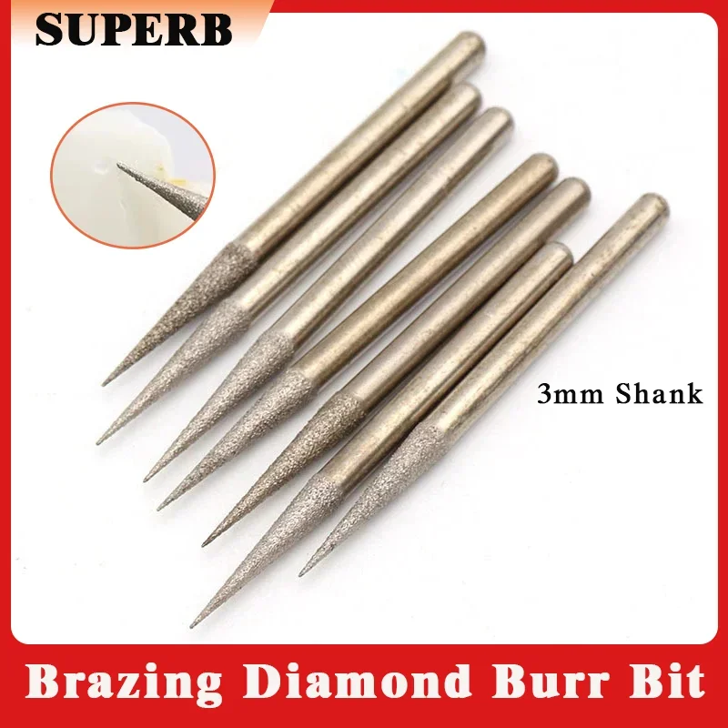 

1/5/10Pcs 2.1/3mm Brazing Diamond Burr Bit Grinding Point 3mm Shank Pointed Shape Abrasive Head for Engraving Glass Dremel Tool