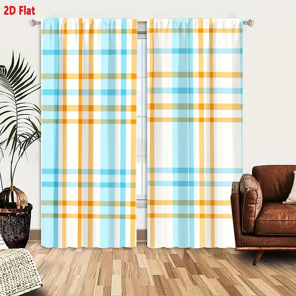 2Pcs Curtains 2D Flat Seamless Plaid Pattern With Sky Blue Bright Orange And Sage Green Stripes On White Background Window Drape