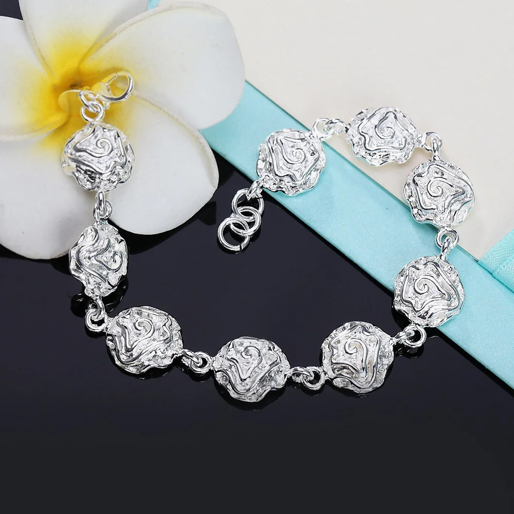 

Pretty Rose Flower Chain 925 Sterling Silver Bracelets For Woman Fashion Brands Wedding Party Christmas Gifts Jewelry