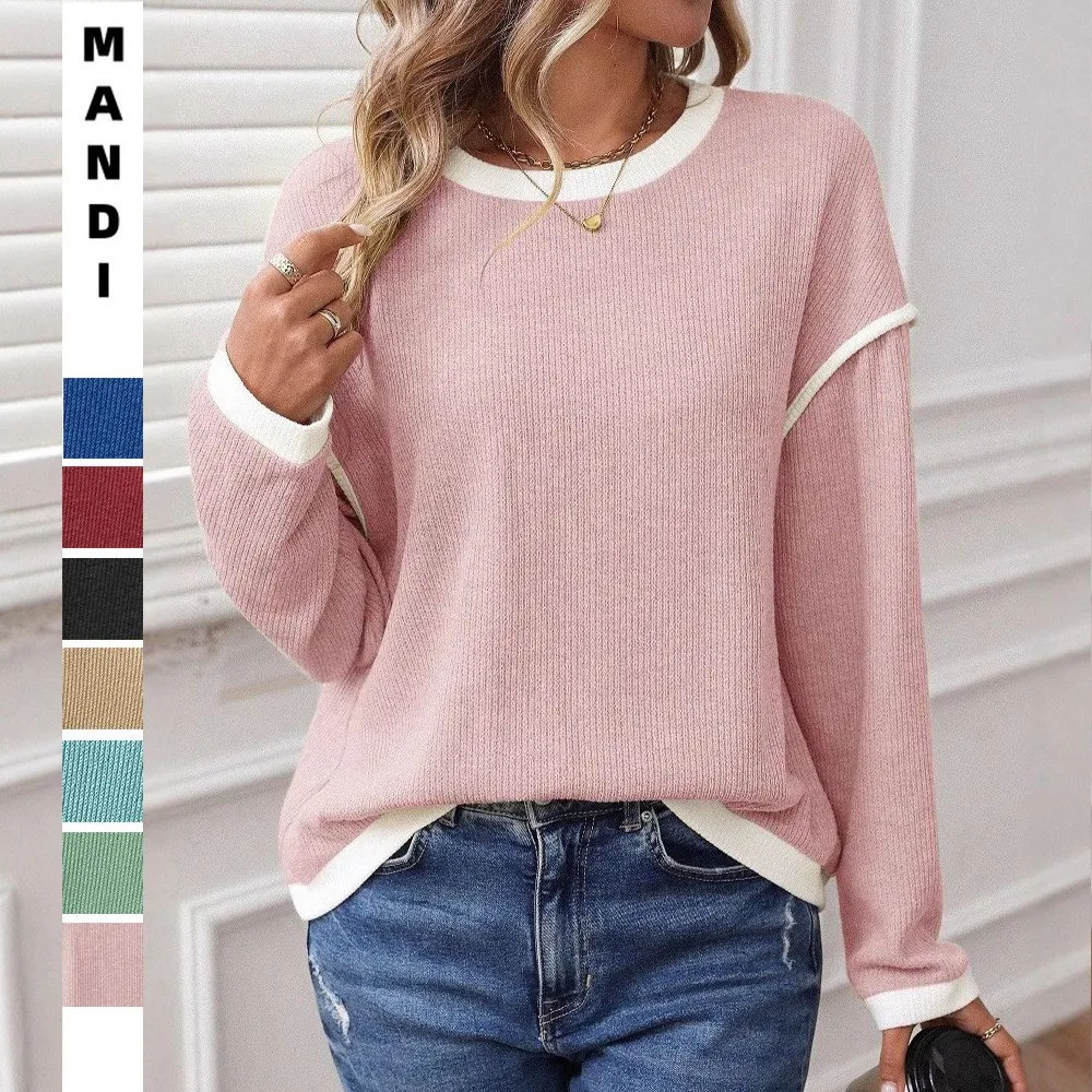 Casual Round Neck Sweater Long Sleeve Loose Fit Knit Top Oversized Ribbed Pullover Pink Drop Shoulder Cropped Hem Sweaters