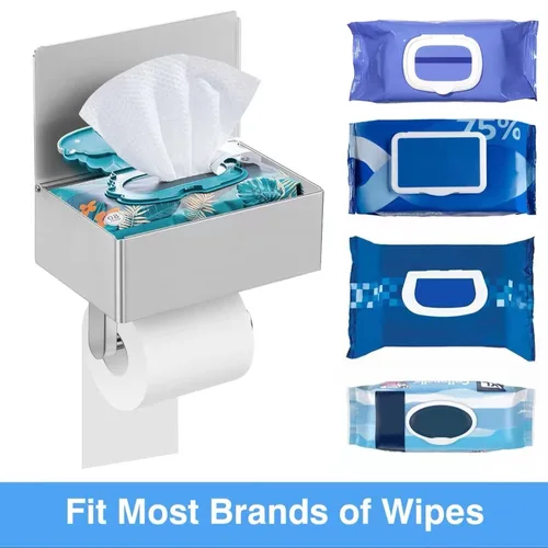 Imagen 2 del producto Soporte para papel de cocina de acero inoxidable, dispensador de toallitas húmedas brillantes sin taladro para baño, estante de almacenamiento de pañuelos de tocador multiusos, 1 Uds.