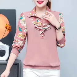 Autumn Female Peter Pan Collar Ruffles Spliced Fashion Shirt Elegant Korean Printed Long Sleeve Loose Blouse Women's Clothing