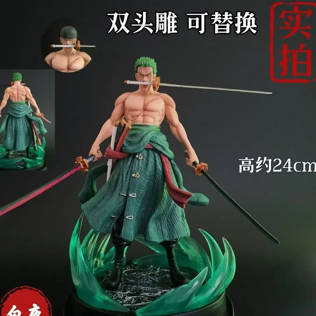 One Piece Roronoa Zoro Three Swords Style Dual Head Sculpture GK Statue 24cm Anime Figure Collectible Model