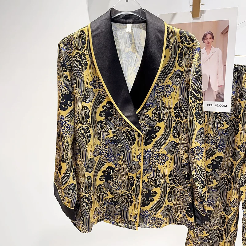 

Luxury Ice Silk Sleepwear Home Clothes 2Pcs Loungewear Women Satin Pajamas Suit Yellow Print Home Clothes Button Down Shirt Pant