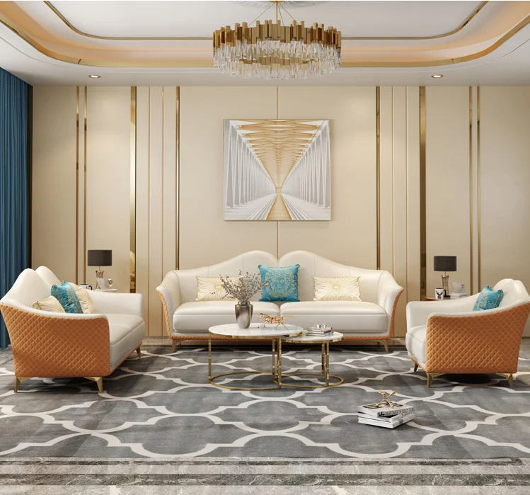 

db-Leather Art Sofa, Living Room for Three People, Nordic Design Combination, Simple Modern American Modular Sofa@