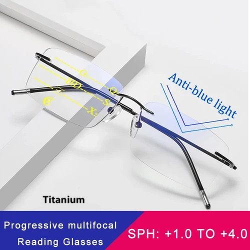 Gafas de lectura progresivas con montura de titanio para hombre, gafas de grado multifocal antiluz azul, bisel de alta calidad cercano y lejano