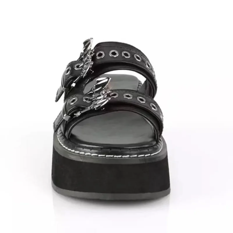 Goth Punk Large Thick Bottom Slippers Female Summer 2023 New Punk Bat Decorative Belt Buckle Slope Heel Sandals Female