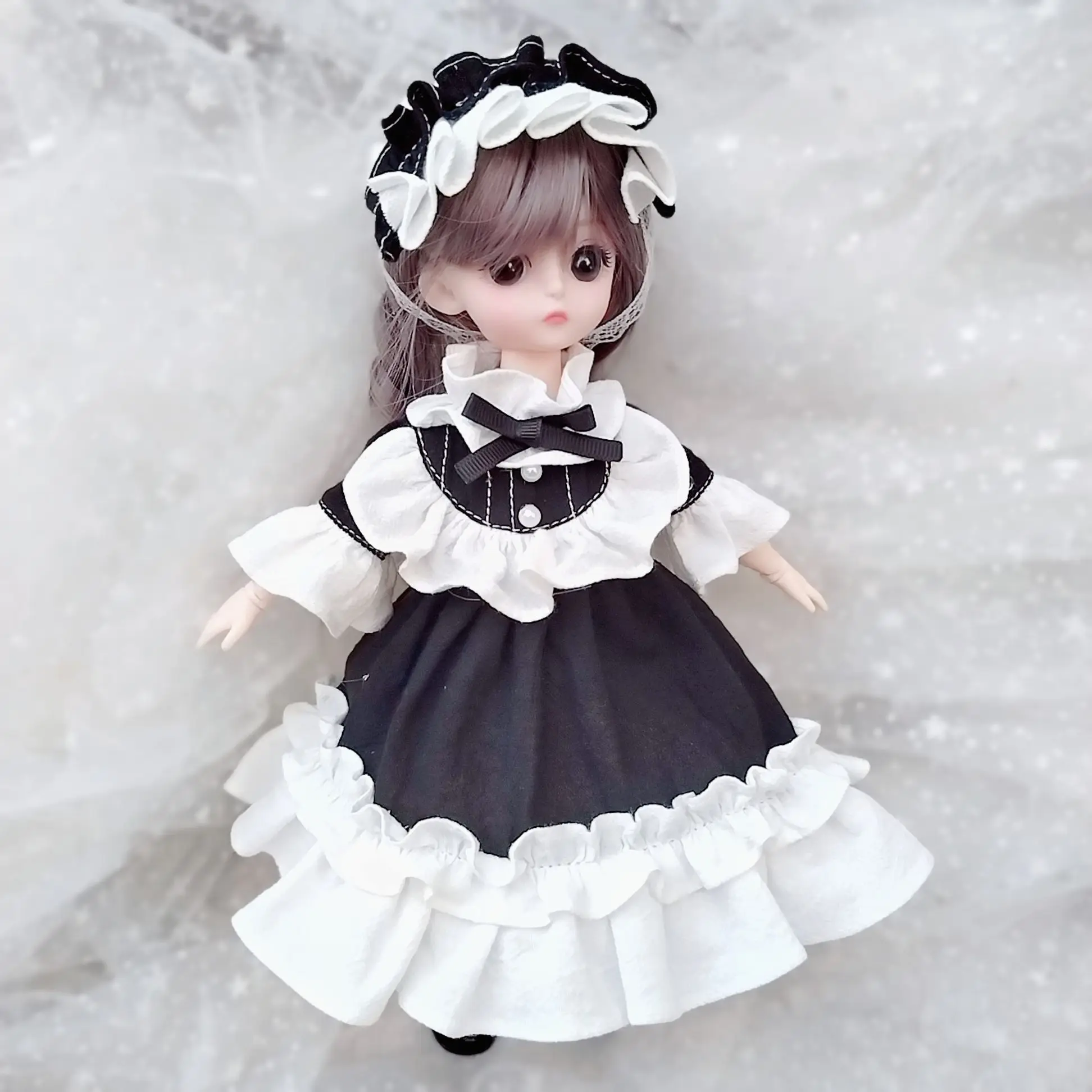 Wine Red Vintage Cotton Maid Outfit for 30Cm 45Cm 60Cm Dolls Ruffle Headpiece, Pearl Buttons and Multi Tier Flounced Skirt Cute