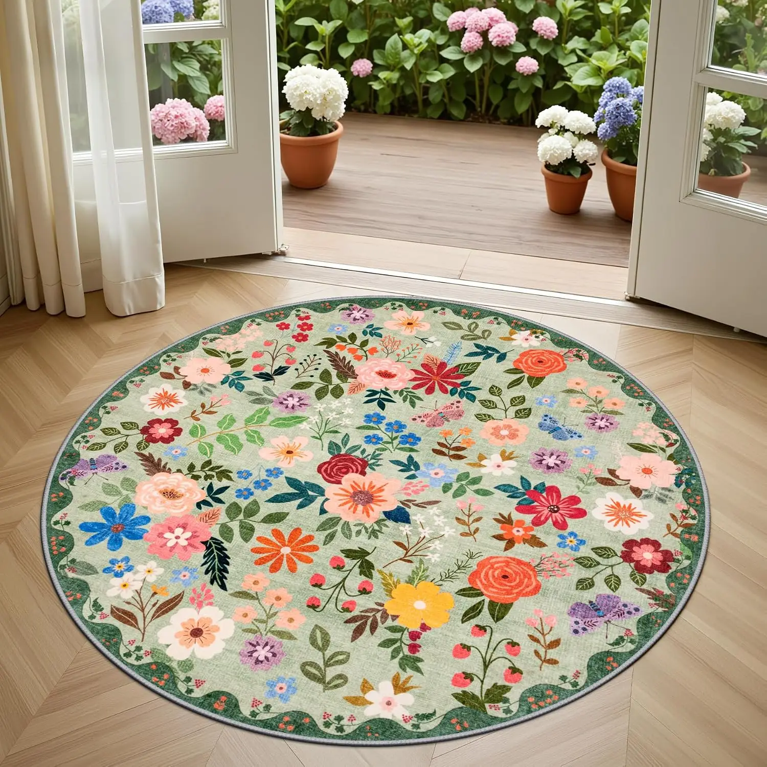 Large Round Floral Area Rug Soft Bohemian Botanical Design Living Room Decor Carpet Mat for Cottagecore Style Boho Home