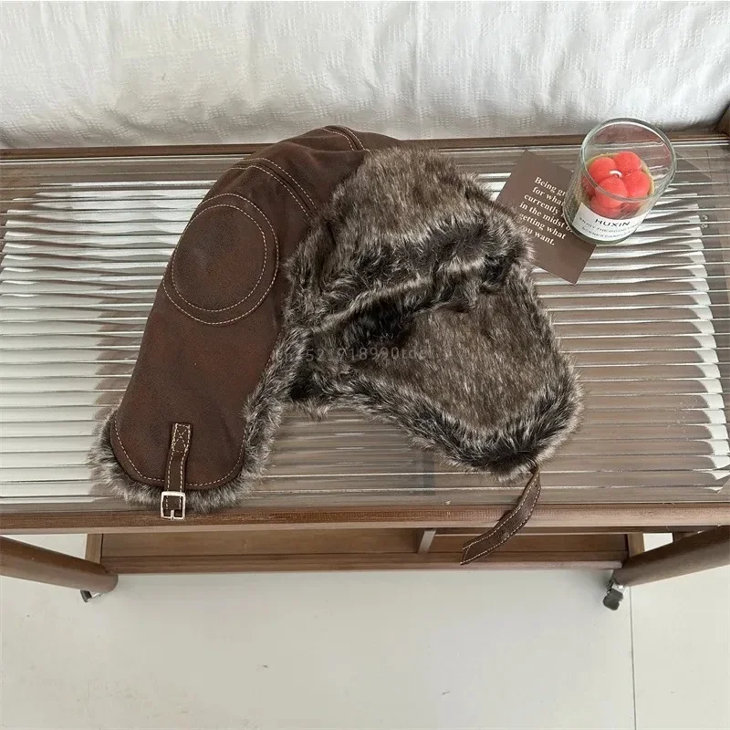Korean Version Retro Plush Pilot Bomber Hats for Men and Women Ins Winter Thickened Warm PU Leather Windproof Ski Caps